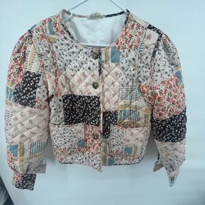 Pink Ripple Quilted Patchwork Floral Jacket Womens Size Med Round Neck Button Up